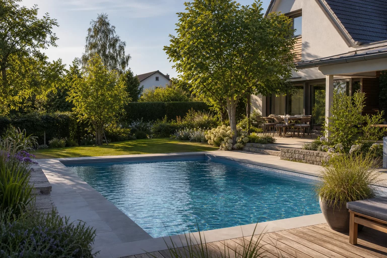 Stimmungsvoller Garten mit rechteckigem Pool an einem modernen Wohnhaus